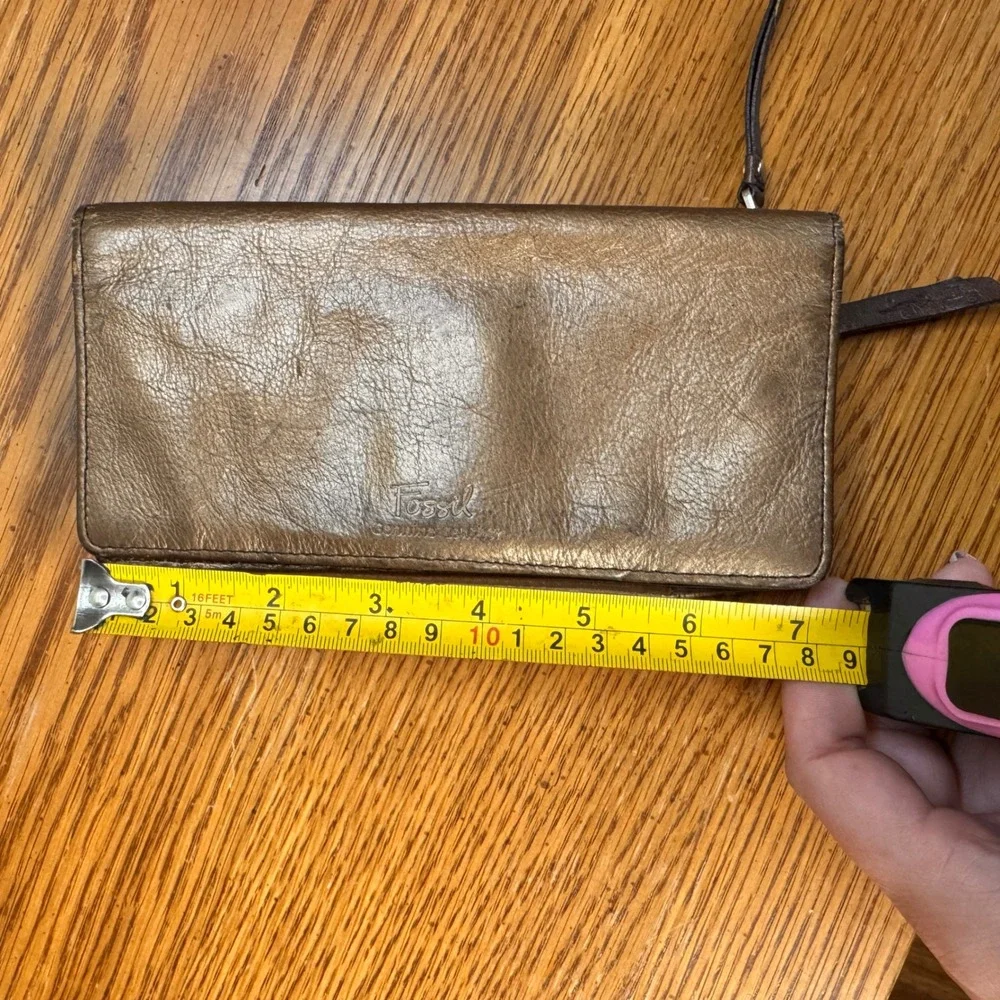Fossil Metallic Bronze Genuine Leather Slim Bifold Wallet Organizer‎ Clutch